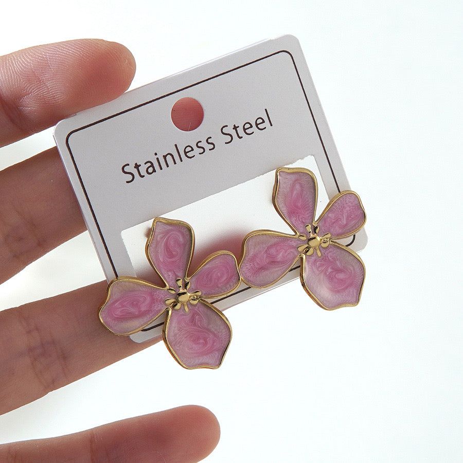 Aretes flor rosa dorada acero inoxidable 4 cm