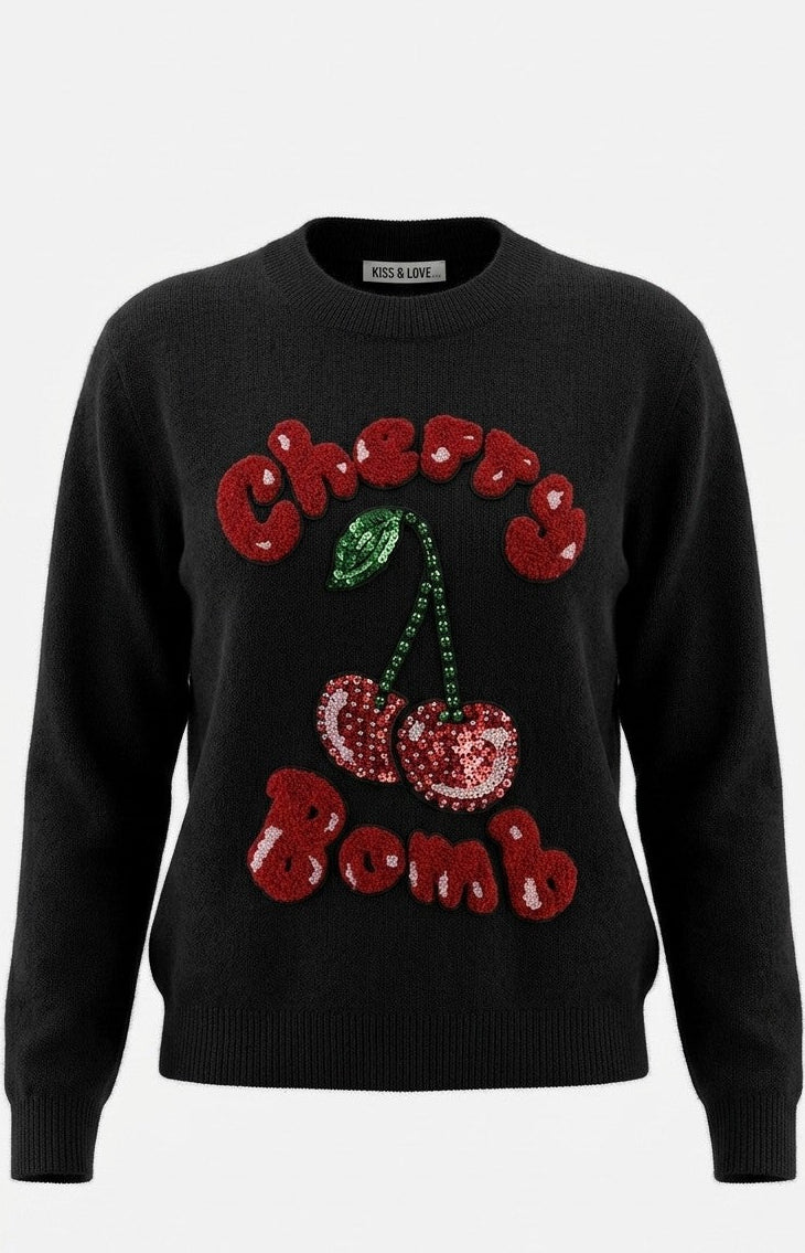 Sueter bordado diseño cherry con circonias