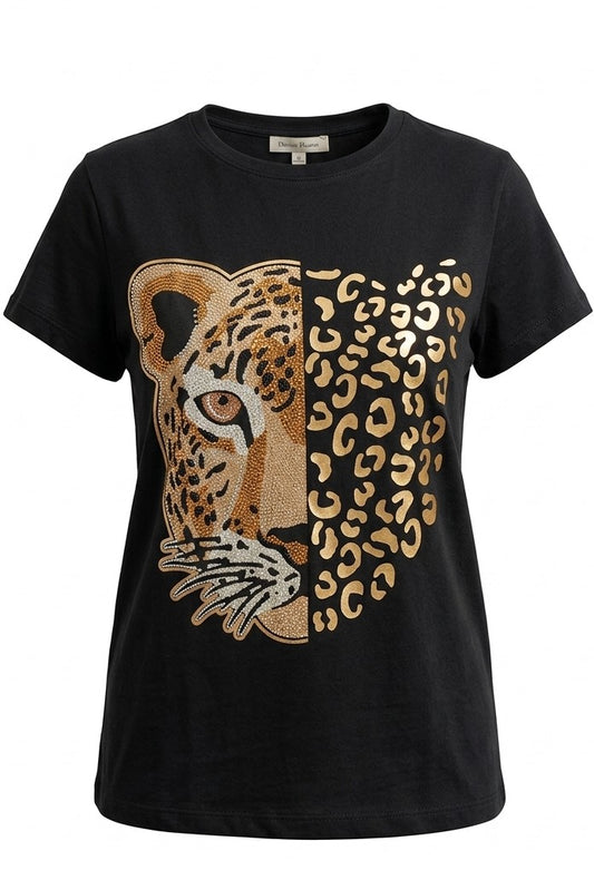 Playera diseño doble felino pedrería