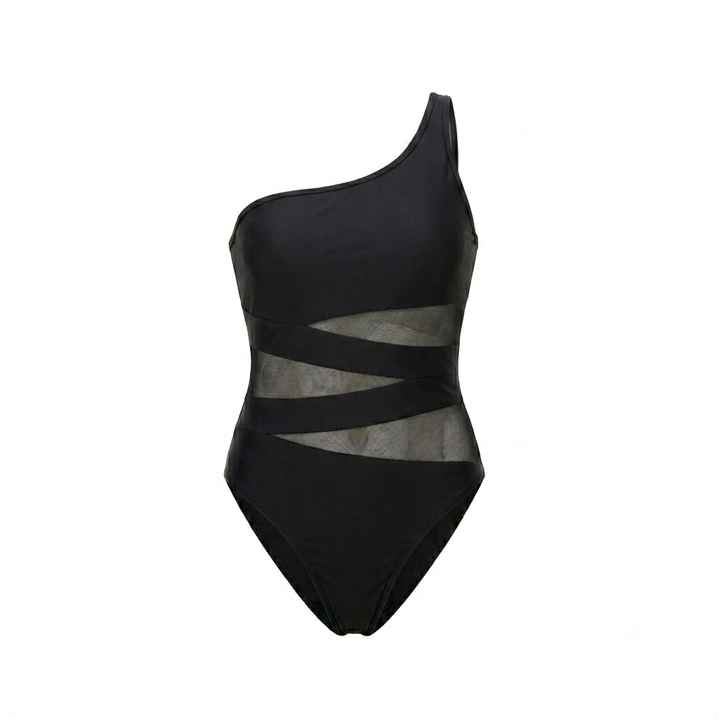 Traje de baño 1 pieza negro con lineas transparencias