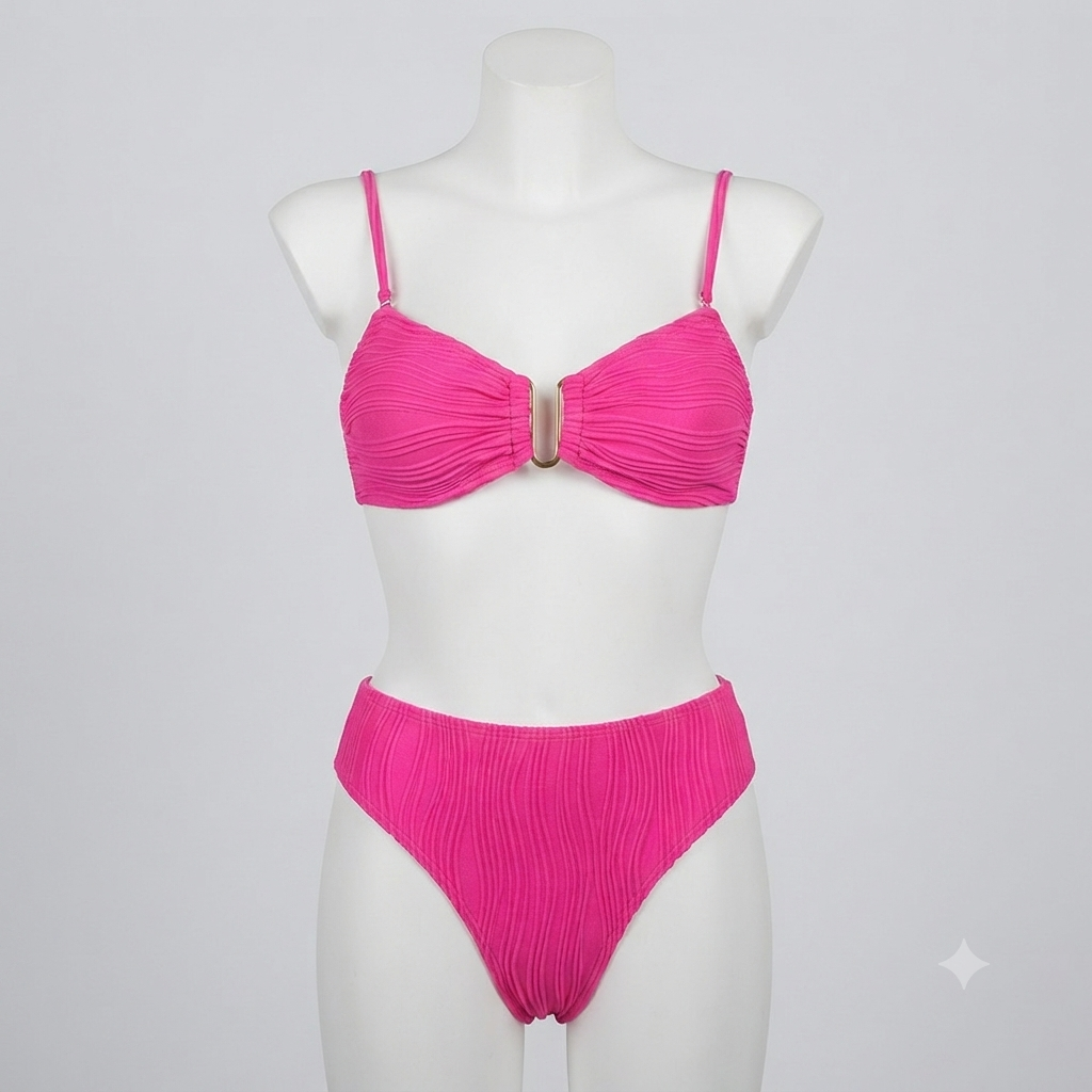 Traje de baño 2 piezas bikini rosa acanalado