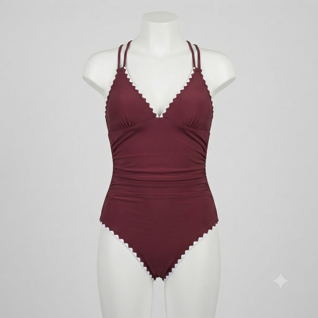 Traje de baño completo café con orilla blanca
