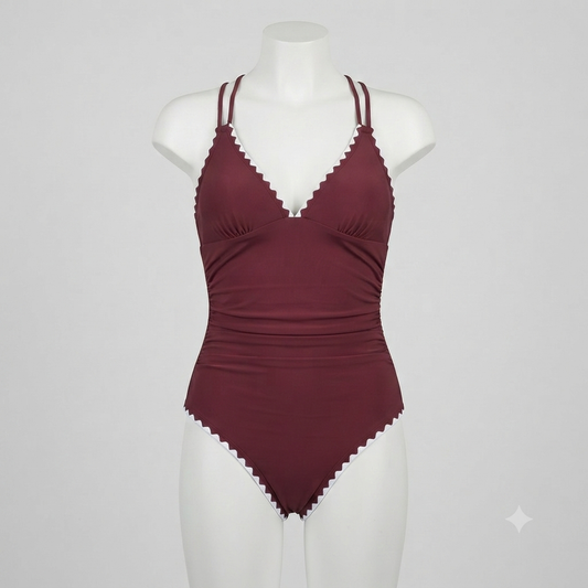 Traje de baño completo café con orilla blanca
