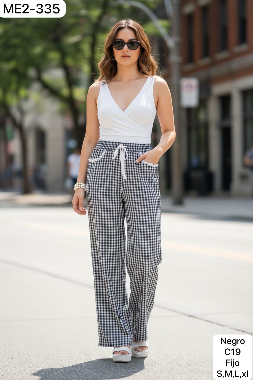 Pantalón cuadros con encaje