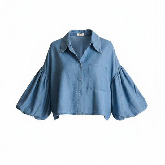 Camisa mangas globo azul mezclilla