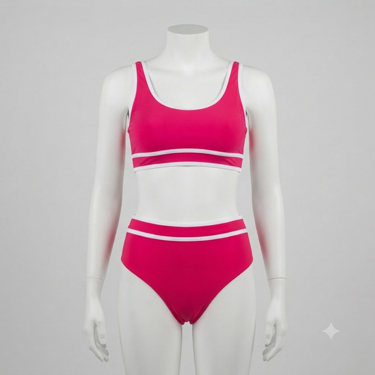 Traje de baño 2 piezas bikini rojo con lineas blancas