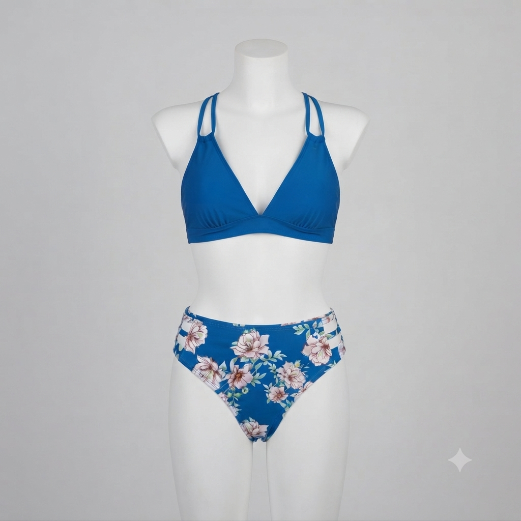Traje de baño 2 piezas bikini azul floreado