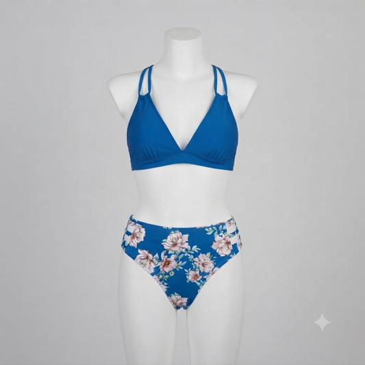 Traje de baño 2 piezas bikini azul floreado