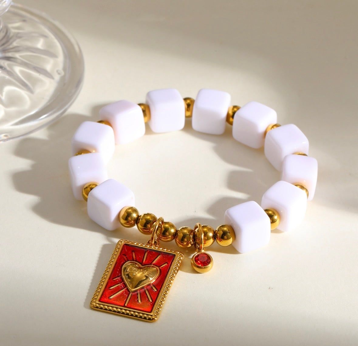 Pulsera cuadros blancos dorados acero inoxidable elástica